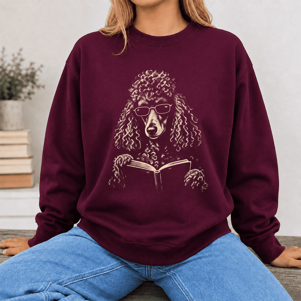 Poodle Reading Book Crewneck Sweatshirt | Reader Gift Maroon