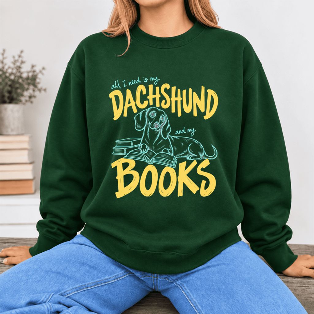 All I Need Is My Dachshund And My Books Softstyle Sweatshirt | Gift Forest Green