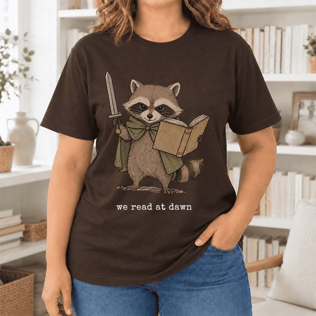 We Read At Dawn Funny Racoon Ultra-Soft Cotton T-Shirt | Playful Reader Gift Brown