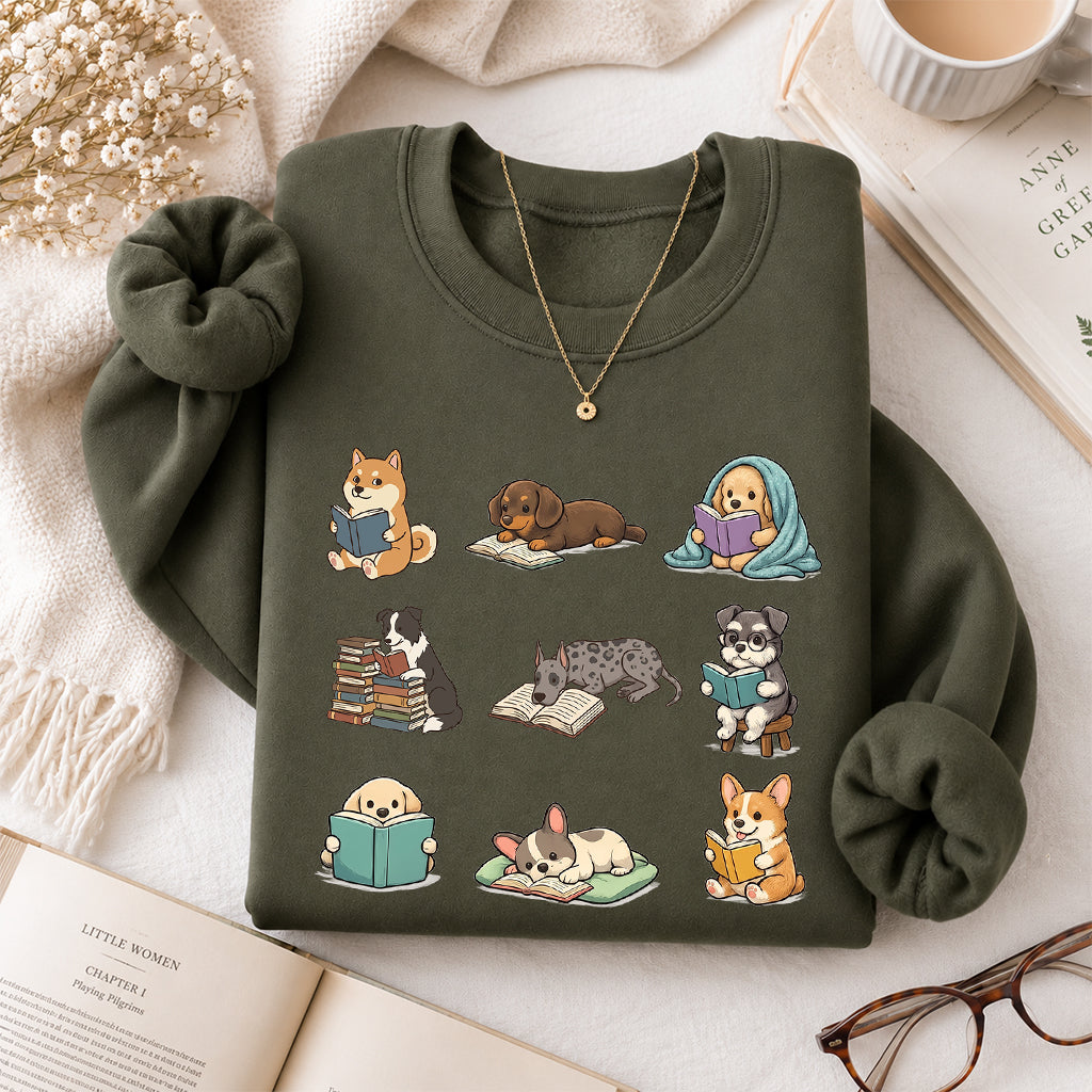 Funny Dogs Reading Crewneck Sweatshirt | Reader Gift Military Green