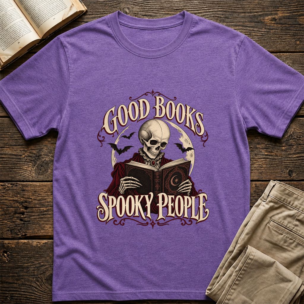 Good Books Spooky People Printed T-Shirt | Halloween Book Lover Gift Heather Purple
