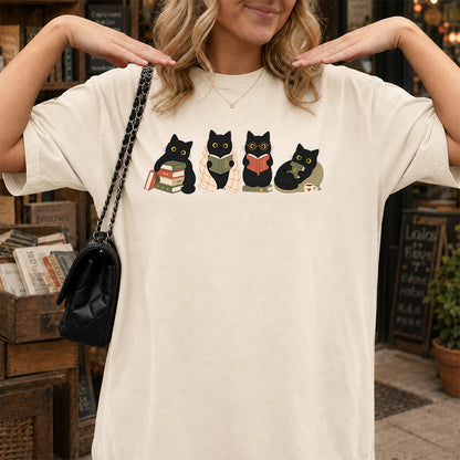 Black Cats Reading Softstyle T-Shirt | Book Lover Gift Natural