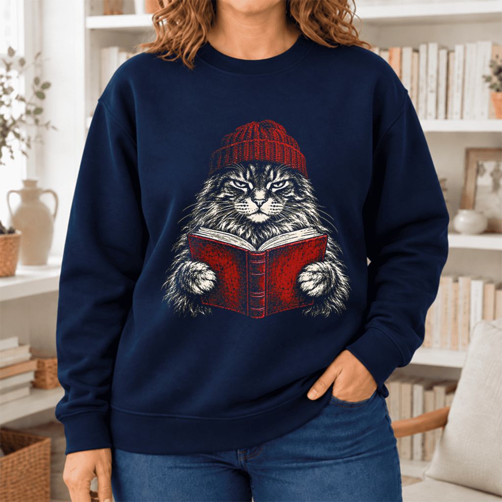 Vintage Reading Cat Maine Coon Softstyle Sweatshirt | Christmas Book Lover Gift Navy