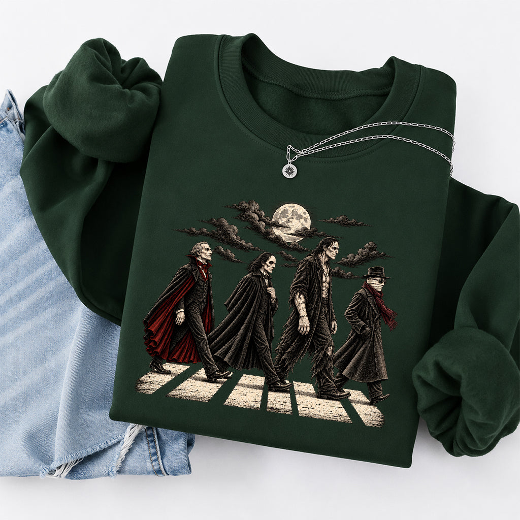 Monsters Road Printed Sweatshirt | Halloween Book Lover Gift Forest Green