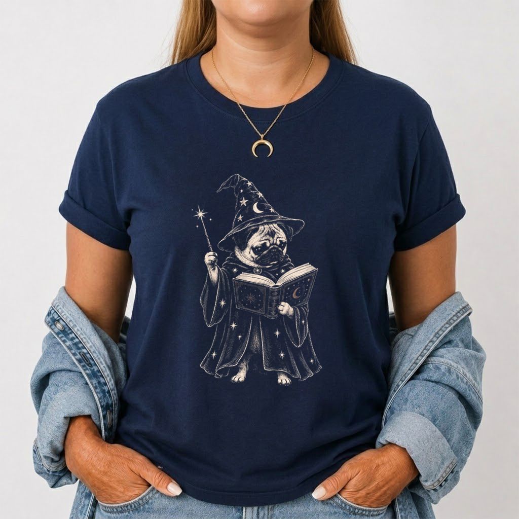 Cute Pug Witch Reading Book Printed T-Shirt | Halloween Book & Dog Lover Gift Navy