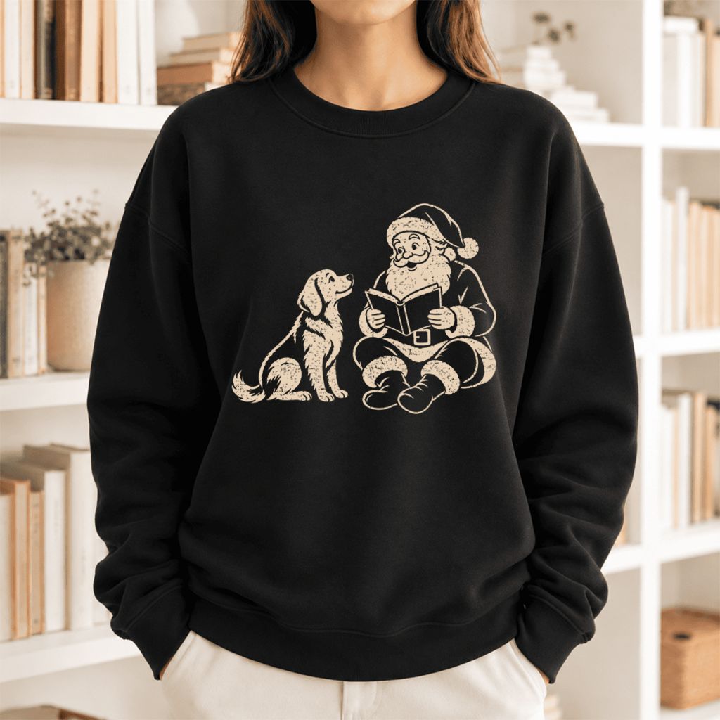 Funny Dog With Reading Santa Softstyle Sweatshirt | Christmas Book Lover Gift Black