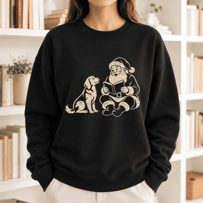 Funny Dog With Reading Santa Softstyle Sweatshirt | Christmas Book Lover Gift Black