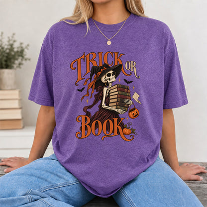 Trick Or Book Lady Printed T-Shirt | Halloween Book Lover Gift Heather Purple