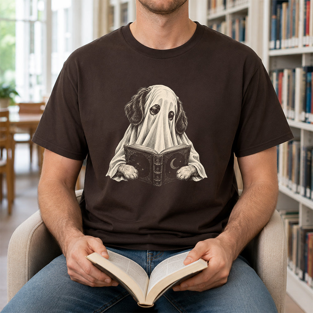 Reading Ghost Dog Printed T-Shirt | Halloween Dog Lover Gift Dark Chocolate