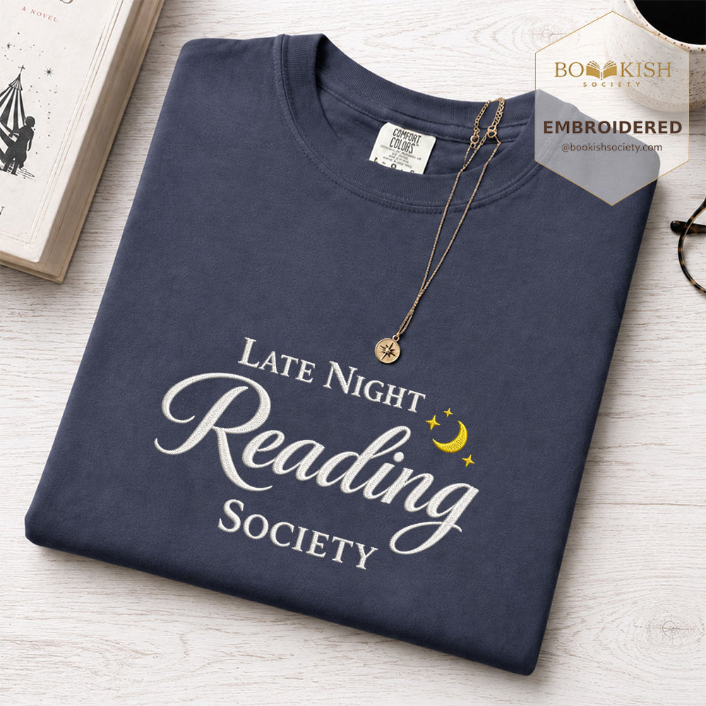 Late Night Reading Society Embroidered Comfort Color® T-shirt | Book Lover Gift Denim