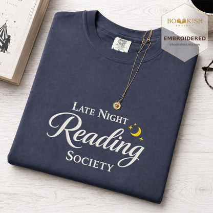Late Night Reading Society Embroidered Comfort Color® T-shirt | Book Lover Gift Denim