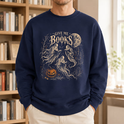 Give Me Books Printed Sweatshirt | Halloween Book Lover Gift Navy