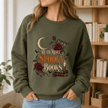 Read More Spooky Books Printed Sweatshirt | Halloween Book Lover Gift Military Green