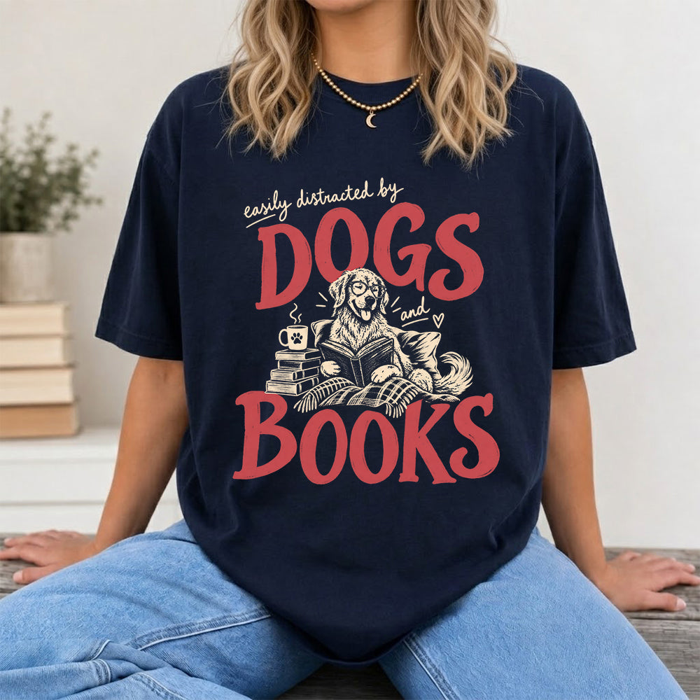 Easily Distracted By Dogs And Books Softstyle T-Shirt | Book Lover Gift Navy