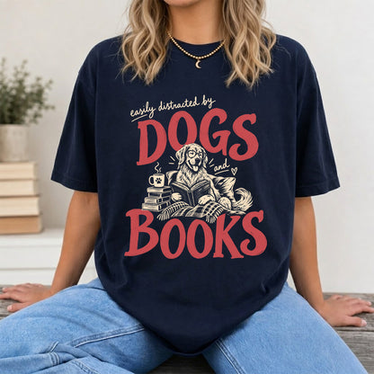 Easily Distracted By Dogs And Books Softstyle T-Shirt | Book Lover Gift Navy