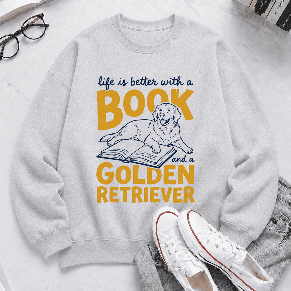 Life Is Better With A Book And A Golden Retriever Crewneck Sweatshirt | Reader Gift Sport Grey