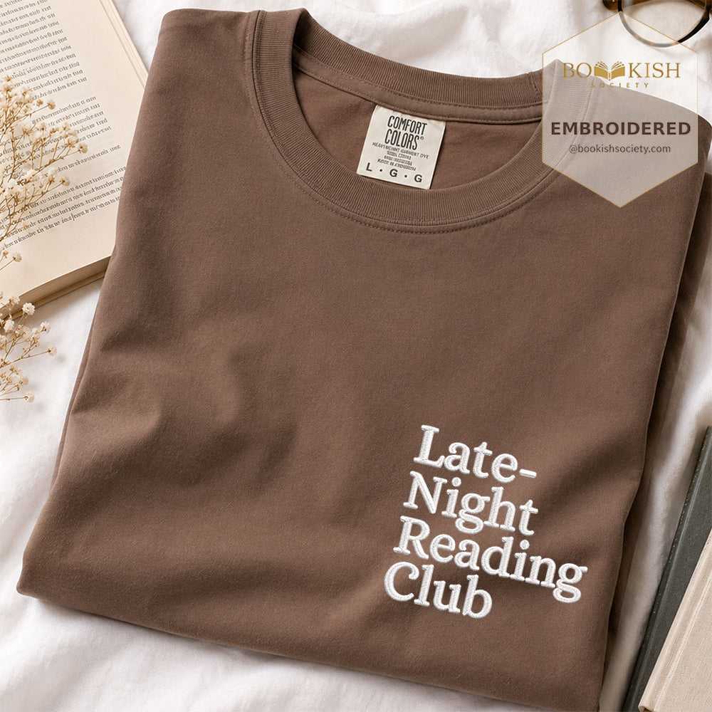 Late Night Reading Club Embroidered Comfort Color® T-shirt | Book Lover Gift Espresso