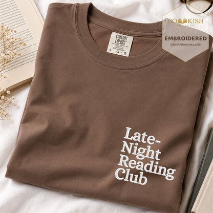 Late Night Reading Club Embroidered Comfort Color® T-shirt | Book Lover Gift Espresso