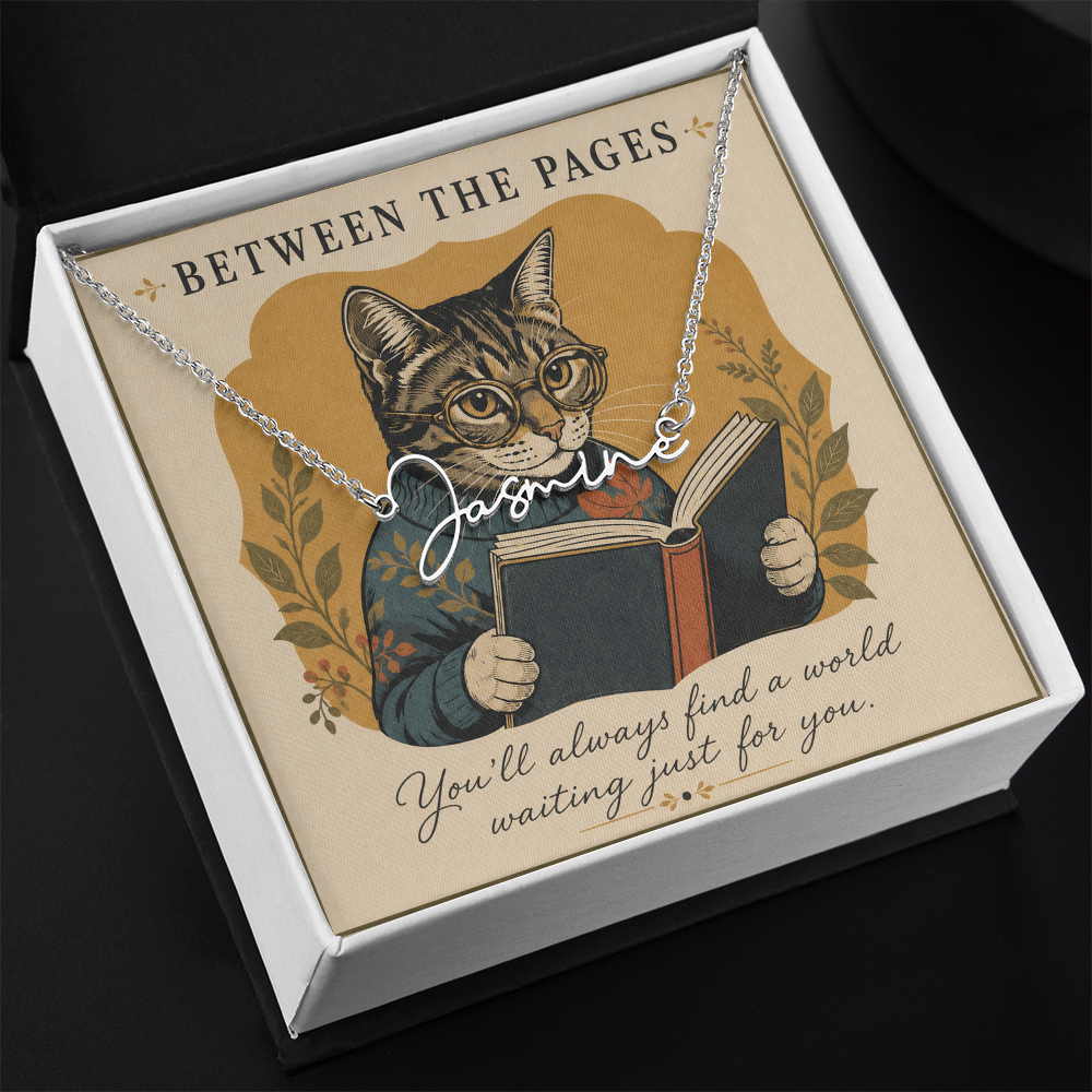 Cat Reading Between The Pages Decorative Card And Custom Name Polished Stainless Steel Necklace With Box Book Lover Gift Font 2