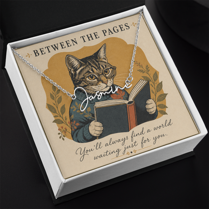 Cat Reading Between The Pages Decorative Card And Custom Name Polished Stainless Steel Necklace With Box Book Lover Gift Font 2