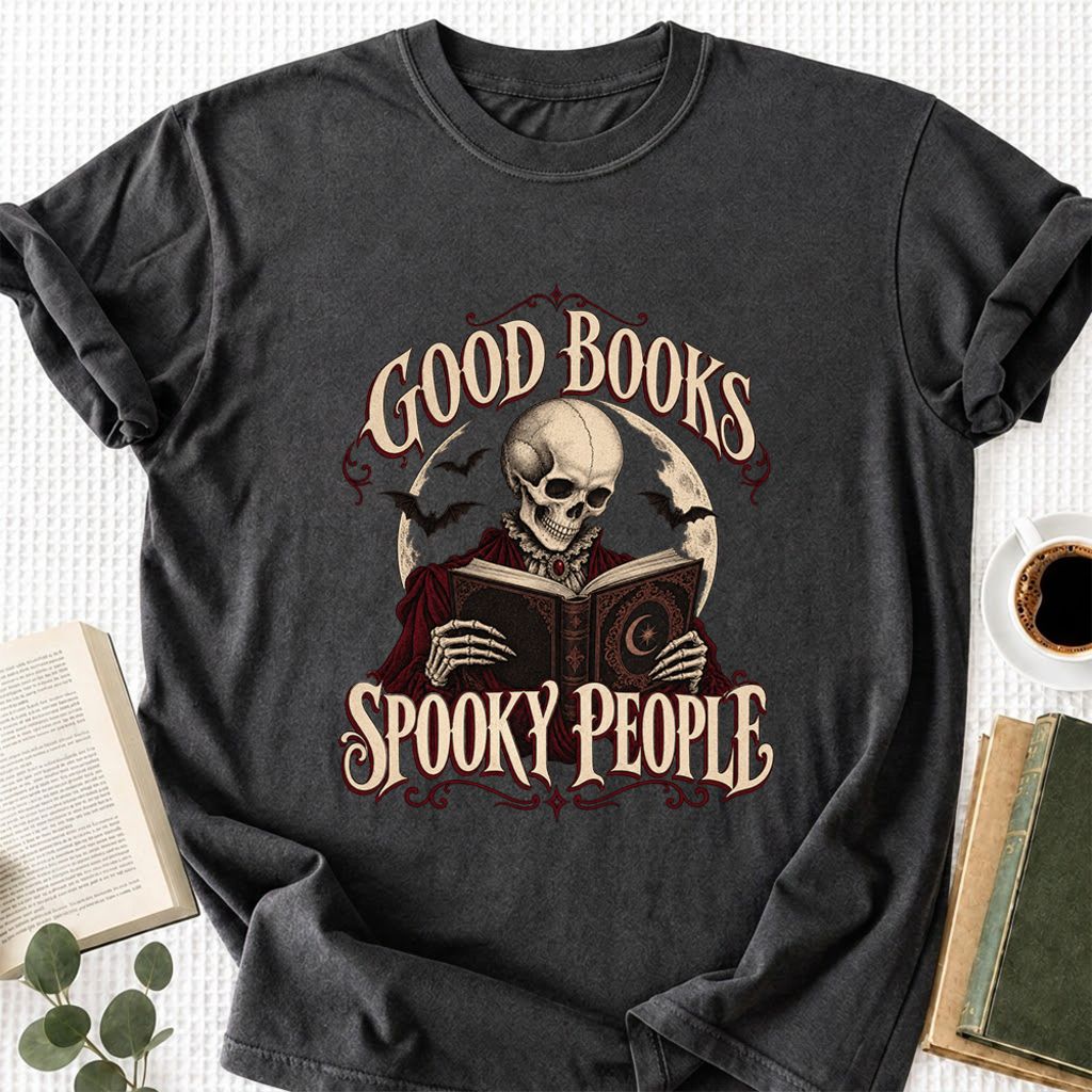 Good Books Spooky People Printed T-Shirt | Halloween Book Lover Gift Dark Heather