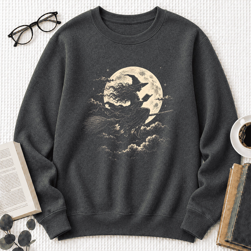 Reading Witch On The Flying Broom Printed Sweatshirt | Halloween Reader Gift Dark Heather