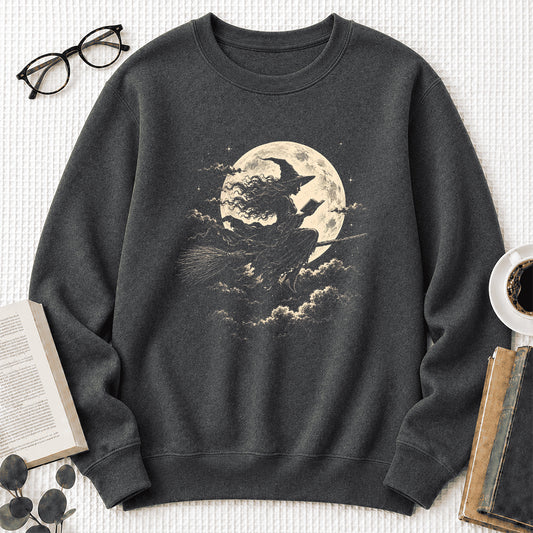 Reading Witch On The Flying Broom Crewneck Sweatshirt | Halloween Reader Gift Dark Heather