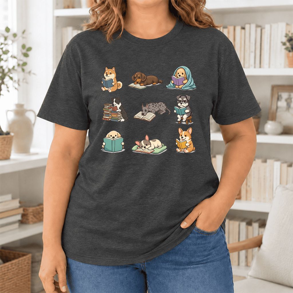 Funny Reading Dogs Ultra-Soft Cotton T-Shirt | Dog Mom Reader Gift Dark Grey Heather