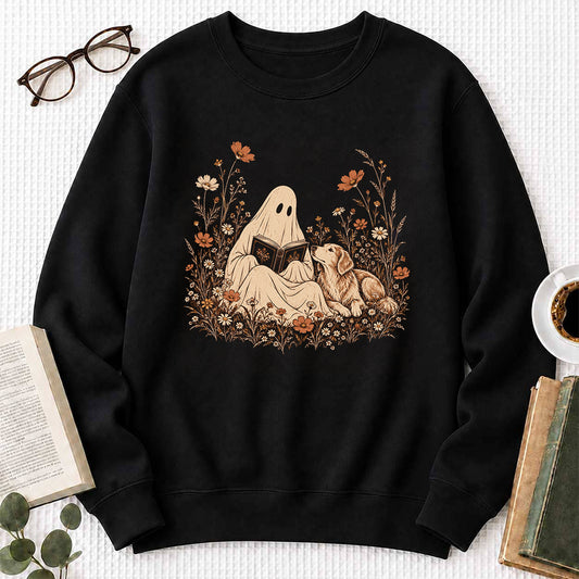 Ghost Wildflowers With Book And Golden Retriever Crewneck Sweatshirt | Halloween Dog Lover & Reader Gift Black