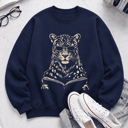 Leopard Reading Book Crewneck Sweatshirt | Reader Gift Navy