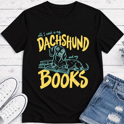 All I Need Is My Dachshund And My Books Ultra-Soft V-Neck | Dog Mom Reader Gift Black