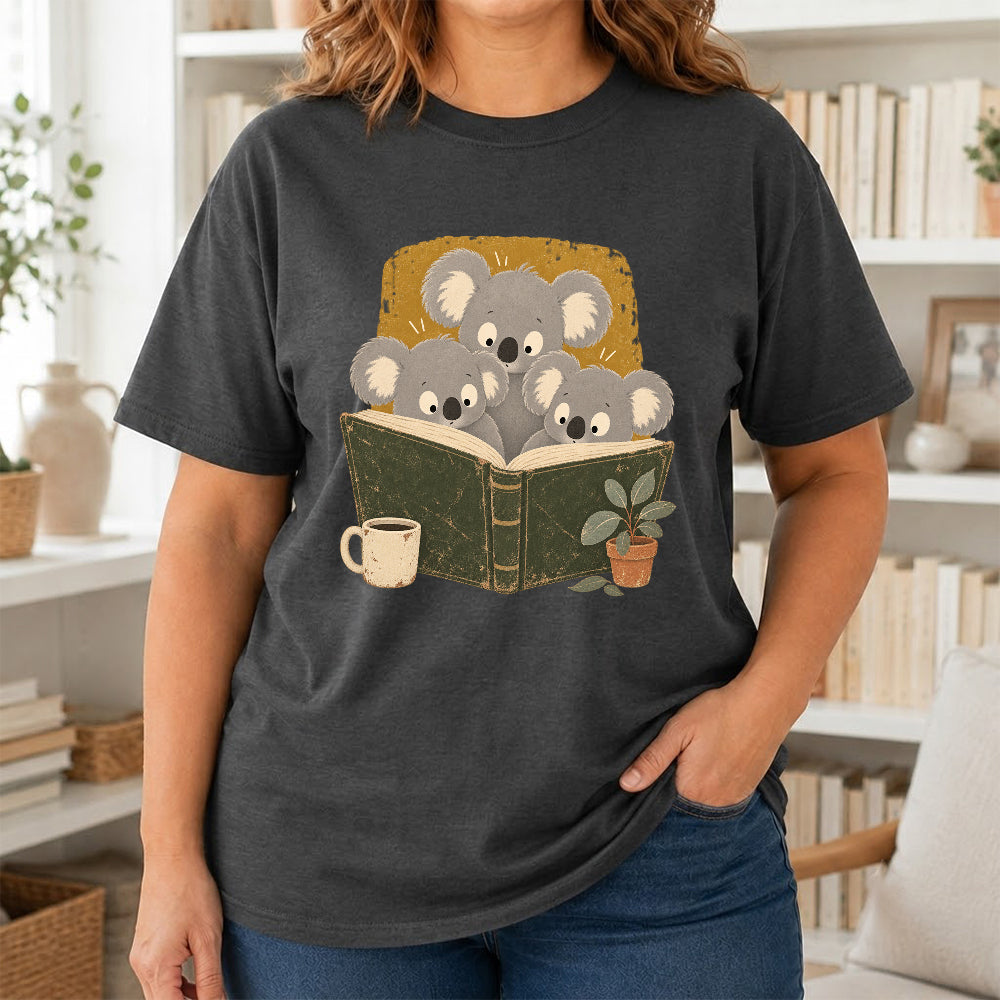 Minimal Japanese Koalas Reading Softstyle T-Shirt | Book Lover Gift Dark Heather