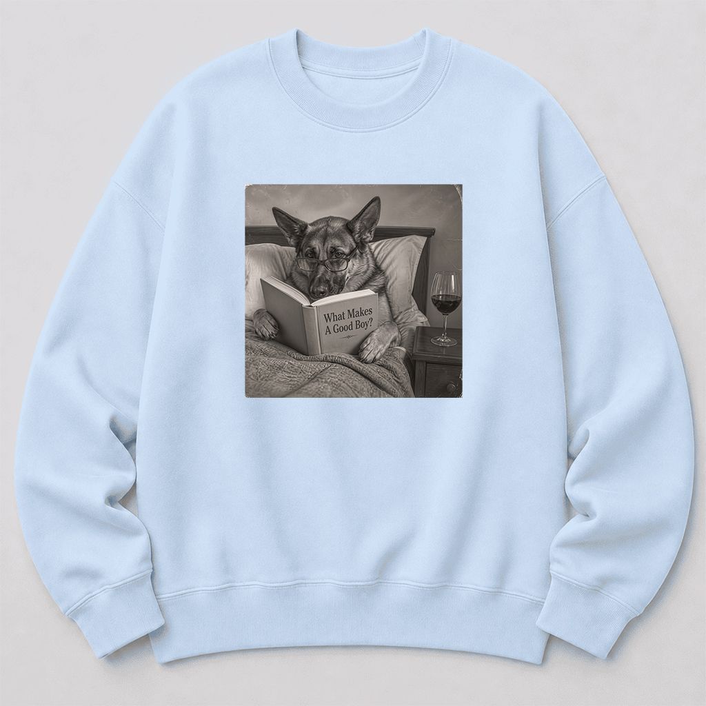 What Makes A Good Boy Crewneck Sweatshirt | Dog Lover Reader Gift Light Blue