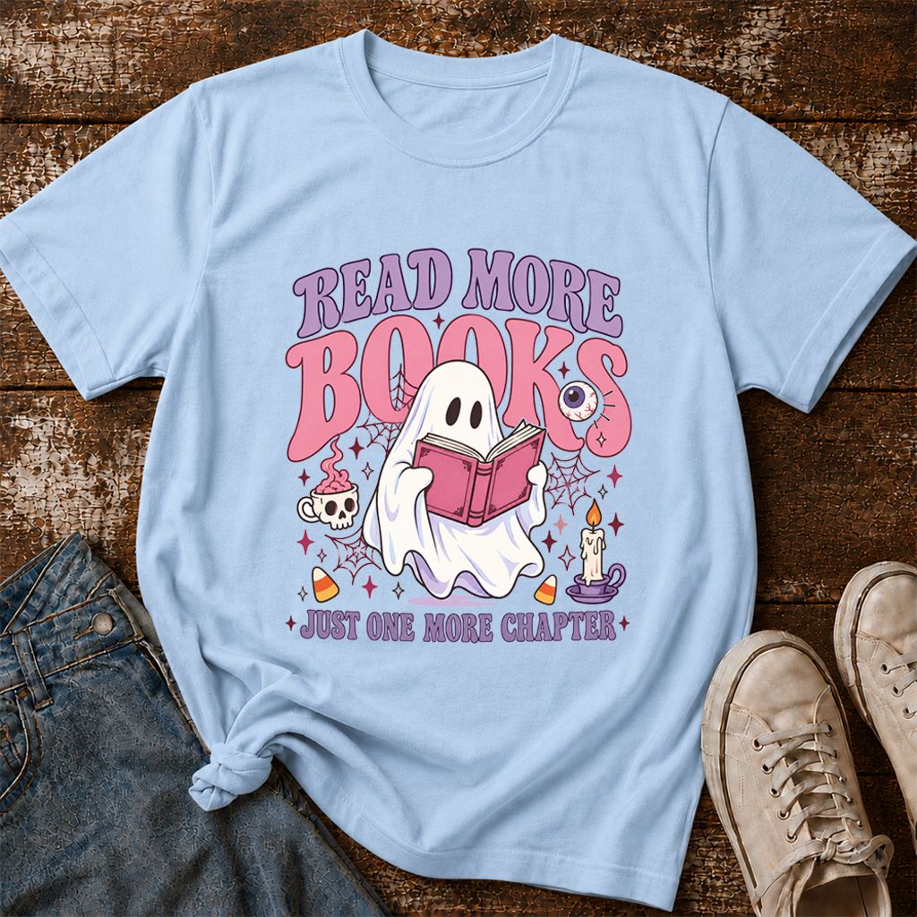 Read More Books Ghost Printed T-Shirt | Halloween Book Lover Gift Light Blue