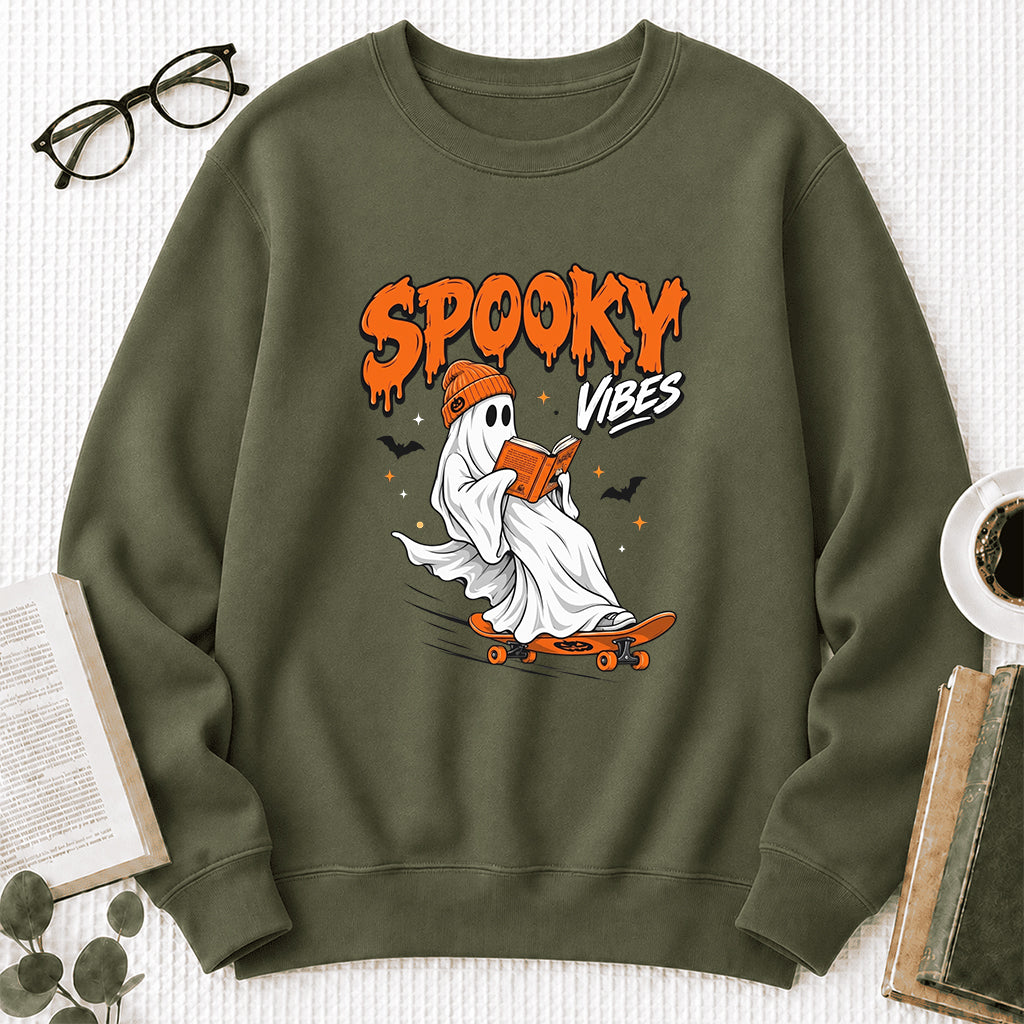 Spooky Vibes Printed Sweatshirt | Halloween Reader Gift Military Green