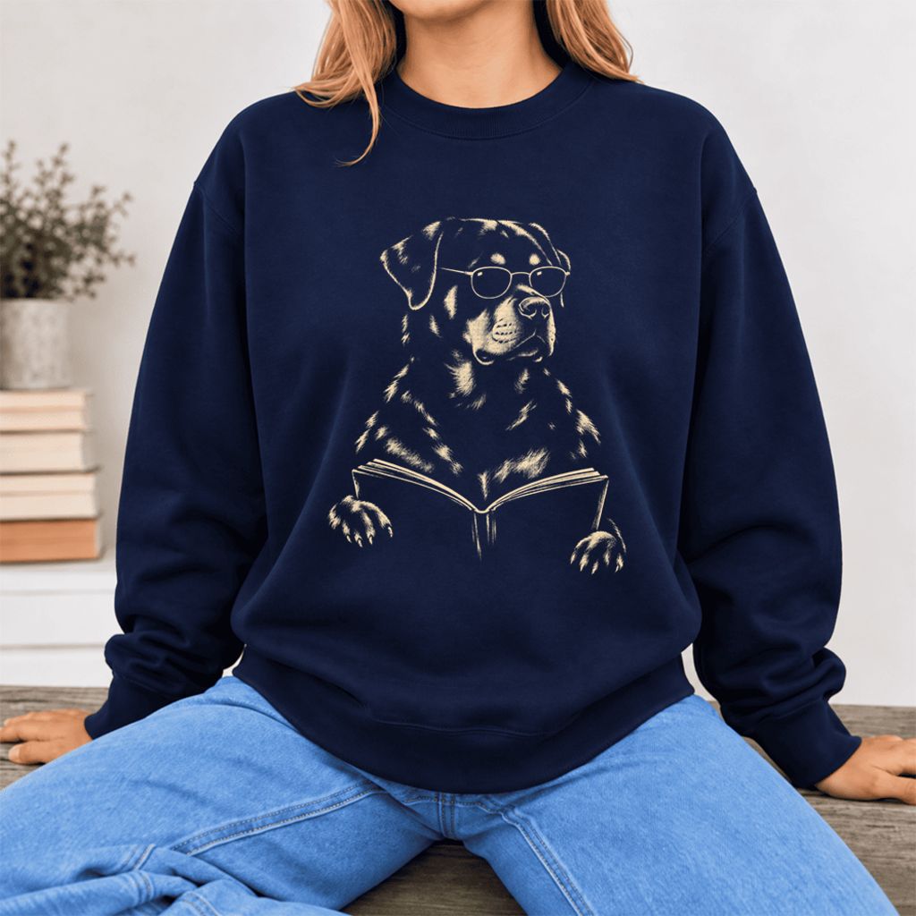 Rottweiler Reading Book Softstyle Sweatshirt | Dog Mom Reader Gift Navy
