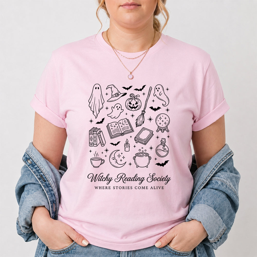 Witchy Reading Society Printed T-Shirt | Halloween Reader Gift Light Pink