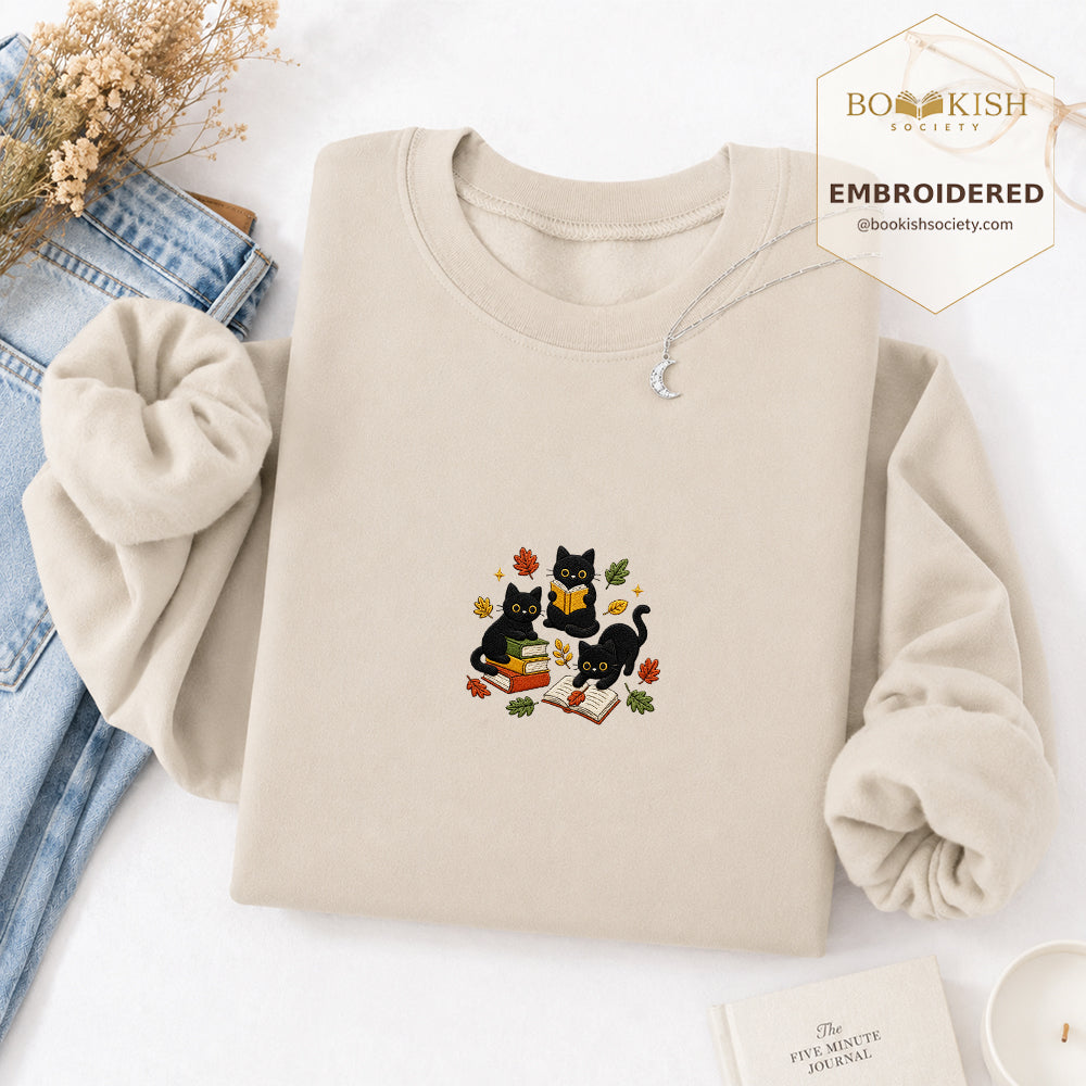 Cat Catching Leaves Embroidered Sweatshirt | Reader Gift Sand