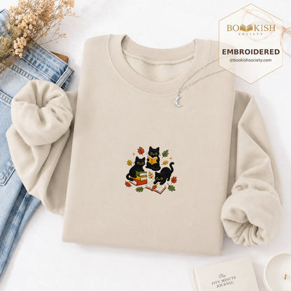 Cat Catching Leaves Embroidered Sweatshirt | Reader Gift Sand