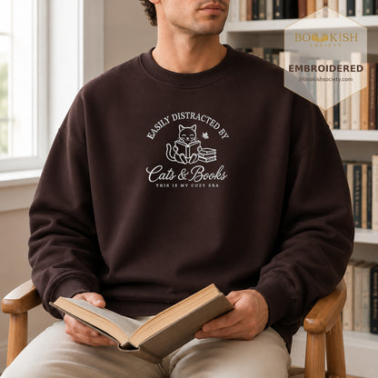 Easily Distracted By Cats And Books V2 Embroidered Sweatshirt | Reader Gift Dark Chocolate