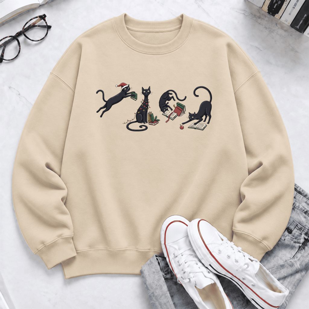 Christmas Reading Cats Softstyle Sweatshirt | Christmas Book Lover Gift Sand