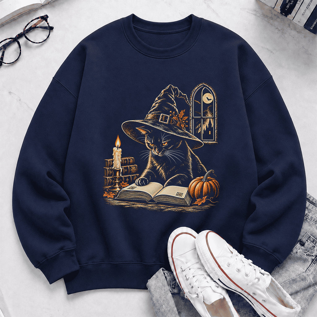 Reading Black Cat Witch Printed Sweatshirt | Halloween Book Lover Gift Navy