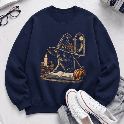 Reading Black Cat Witch Printed Sweatshirt | Halloween Book Lover Gift Navy