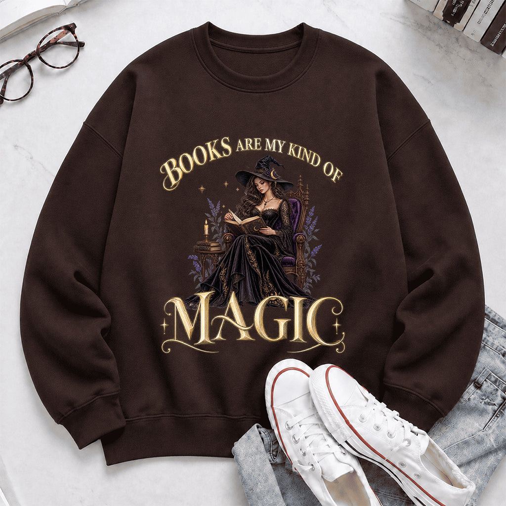 Books Are My Kind Of Magic Crewneck Sweatshirt | Halloween Literary Fantasy Book Lover Gift Dark Chocolate