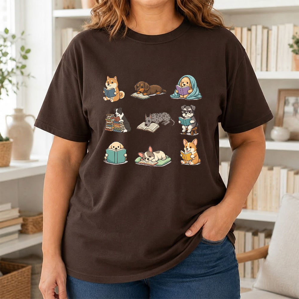 Funny Dogs Reading Softstyle T-Shirt | Book Lover Gift Dark Chocolate