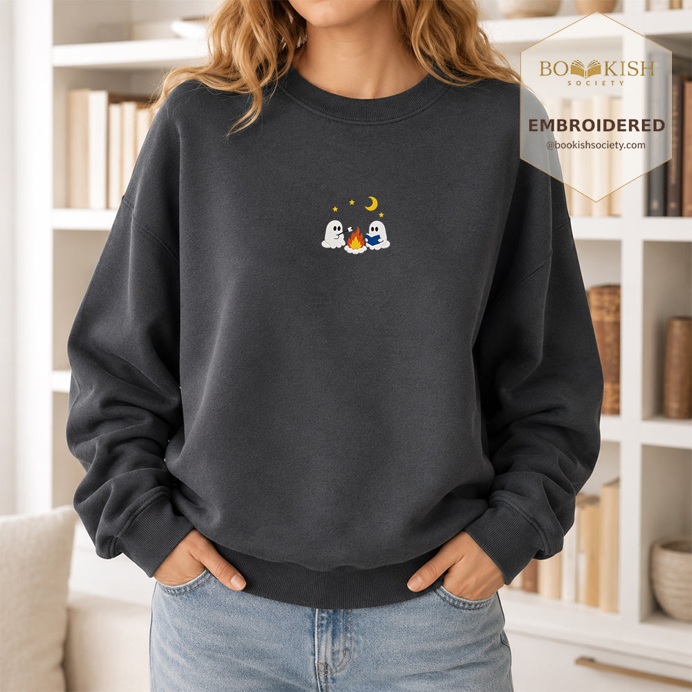 Cute Ghost Camping Embroidered Sweatshirt | Reader Gift Dark Heather