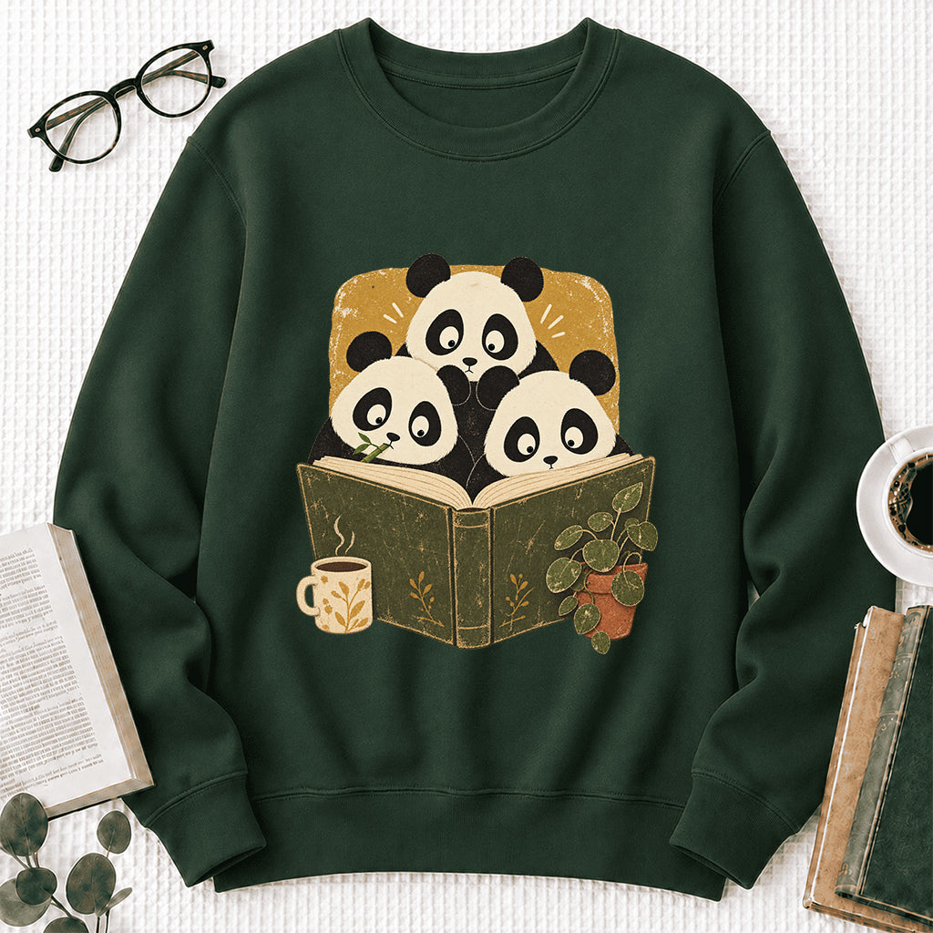 Curious Pandas Reading Crewneck Sweatshirt | Panda Lover & Reader Gift Forest Green