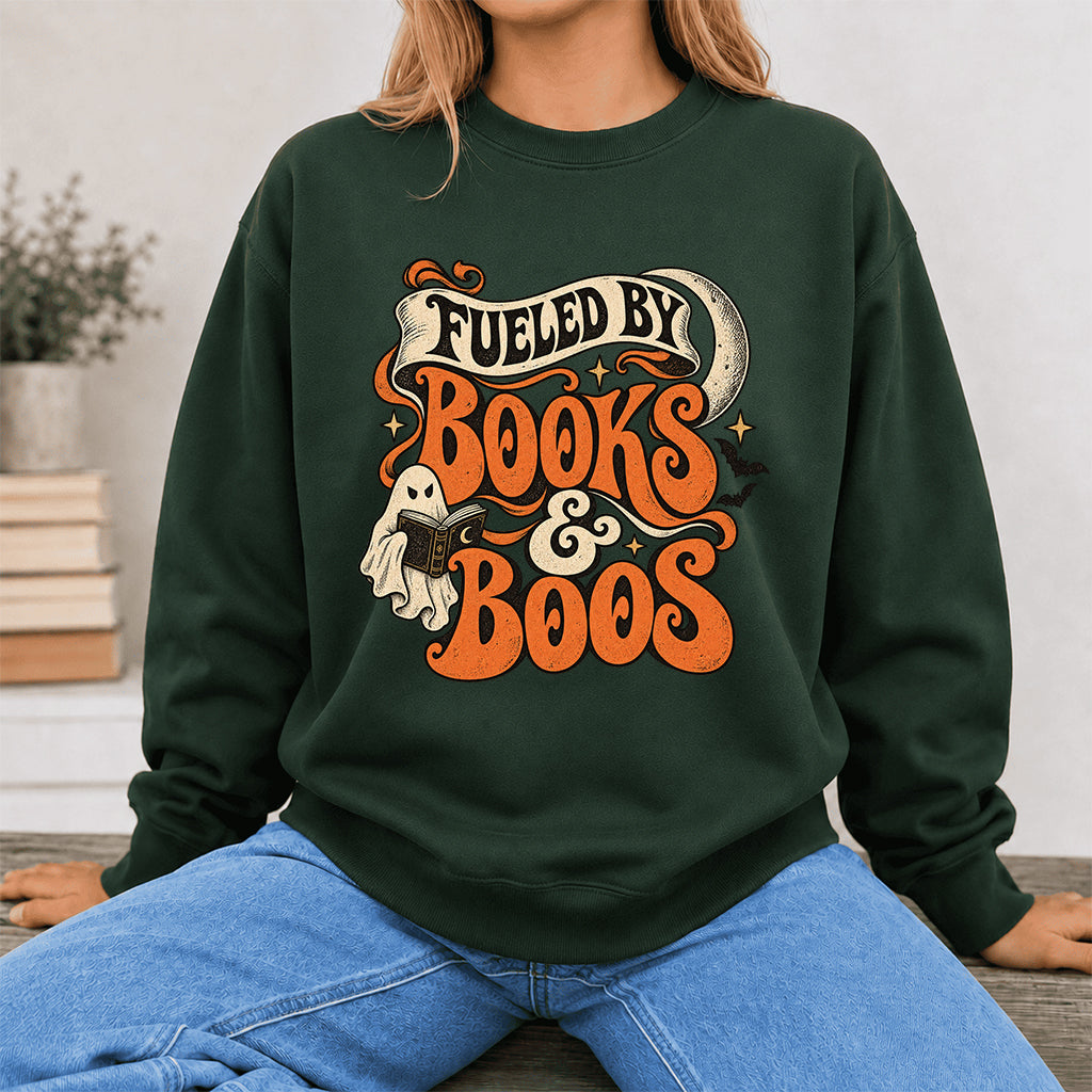 Fueled By Books & Boos Printed Sweatshirt | Halloween Book Lover Gift Forest Green