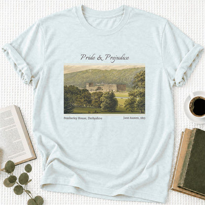 Pemberley House Pride And Prejudice Ultra-Soft Cotton T-Shirt | Gift Heather Ice Blue