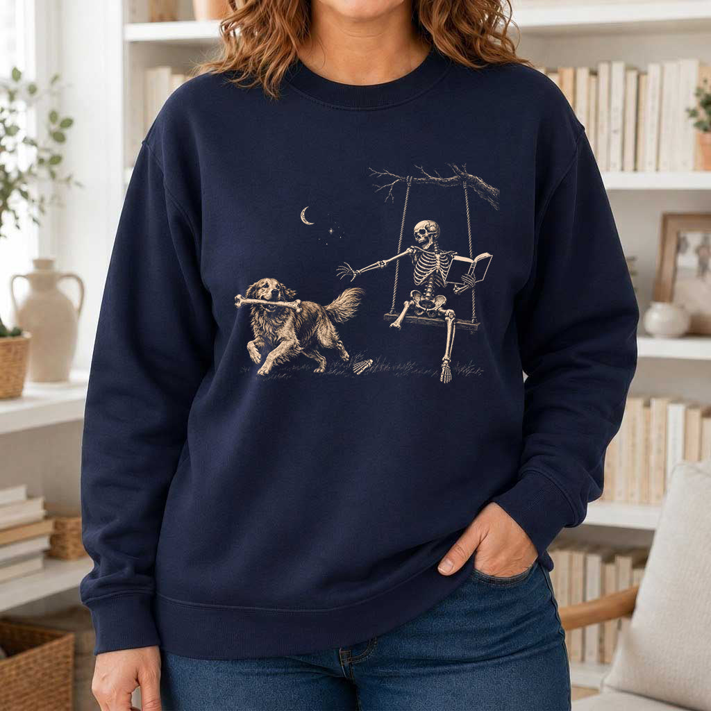 Funny Reading Book With Golden Retriever Printed Sweatshirt | Halloween Dog Lover & Reader Gift Navy